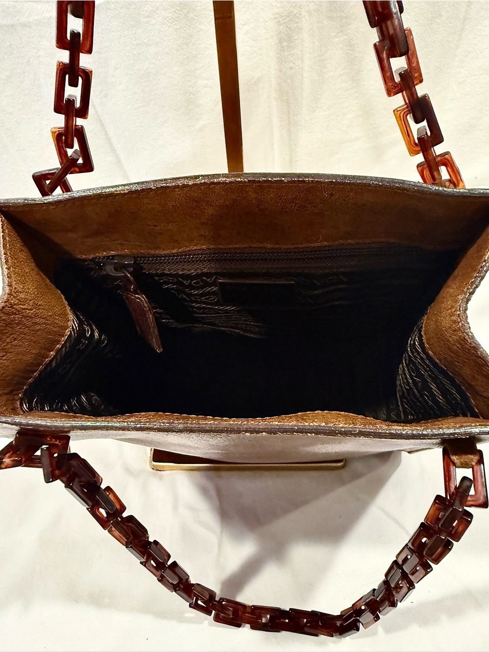 Y2K Prada Brown Leather Tote Or ShyBag with Tortoiseshell Chain Straps - Picture 7 of 11